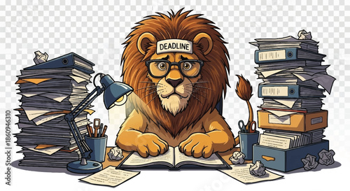Stressed lion businessman with a deadline headband working at a desk surrounded by piles of paper, work pressure concept illustration.