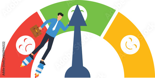 Businessman rocket boots pushing performance meter arrow customer satisfaction gauge business growth concept achieving success feedback rating scale career advancement motivation boost