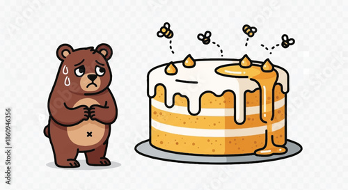 Shy little bear standing next to a large honey cake with bees, cute animal character feeling guilty or timid illustration.
