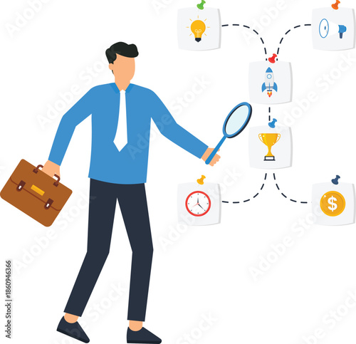 Businessman analyzing business strategy with magnifying glass. Project planning roadmap for startup launch, financial goals, marketing plan, and corporate development success.