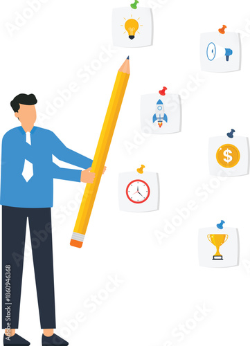 Businessman holding giant pencil for business planning and project management with startup strategy creative ideas goal setting innovation concept business icons task management workflow process