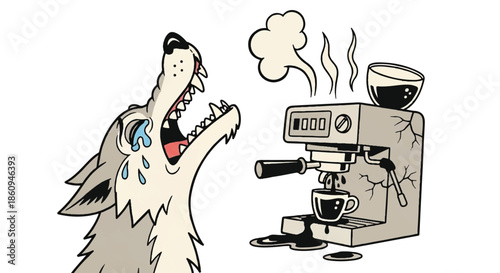 Tired dog character howling or yawning in front of an espresso coffee machine, morning energy and caffeine addiction concept illustration.