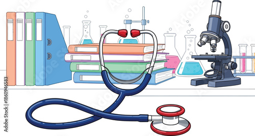 Essential medical study tools including a stethoscope books files and a microscope on a laboratory desk represent healthcare education and research.