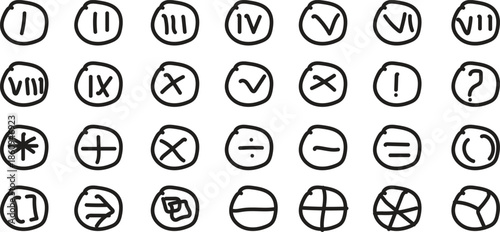 Collection of symbolic and mathematical icons in circular frames