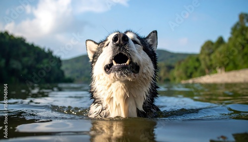 A fluffy, black and white dog swims with mouth open in calm water. Trees and sky create a serene landscape. Sunlight glistens