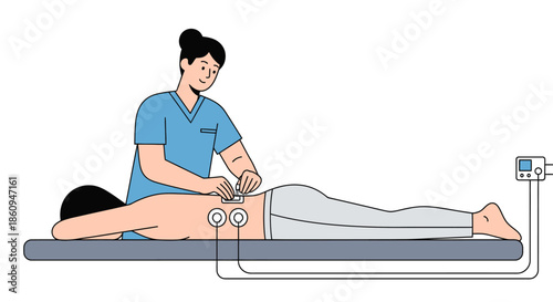 Physiotherapist administering electrotherapy treatment (TENS) to a patient with chronic back pain lying on an examination table.