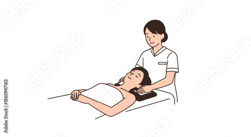 Minimalist illustration of a professional therapist giving a relaxing neck and head massage to a client lying on a spa bed for pain relief and wellness.