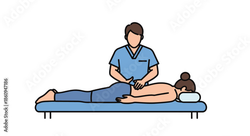 Detailed illustration of a physiotherapist giving a remedial massage treatment to a patient on a medical examination table.