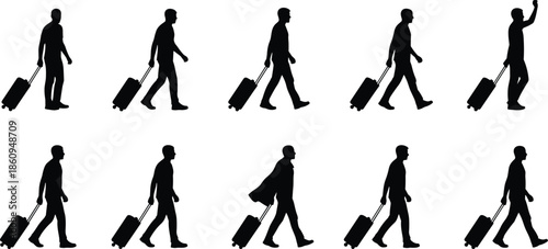 Traveling businessman silhouette sequence illustration showing man walking with rolling suitcase in various poses isolated on white background for travel, airport, and journey design use
