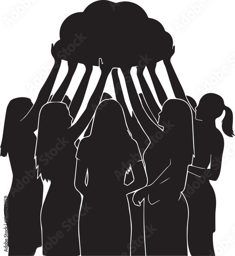 Group of women holding up a cloud silhouette with their hands
