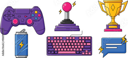 Colorful gaming icons illustration set featuring game controller, joystick, keyboard, trophy, energy drink, and chat bubble isolated on white background for esports and gamer design projects
