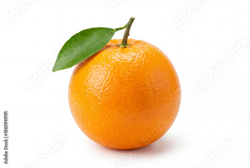 Single fresh orange fruit with green leaf isolated on white background.