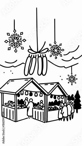 Traditional German Christmas Market with Sausages and Glühwein