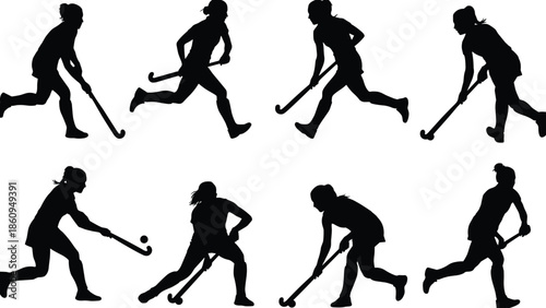 Field Hockey Player Action Silhouettes Set, Female Athletes in Motion with Stick and Ball, Black Vector Sports Illustration for Training, Teamwork and Competition Design