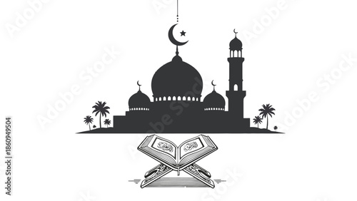 Silhouette of a mosque with an open Holy Quran and palm trees, symbolizing Islamic faith and knowledge, isolated white background.