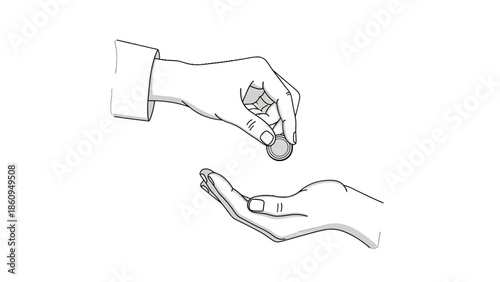 Simple illustration of one hand giving a coin to another open hand, symbolizing charity and donation, isolated white background.