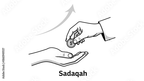 Concept of Sadaqah (Islamic charity) with one hand giving a dollar coin to another, indicating blessing and growth, isolated white background.