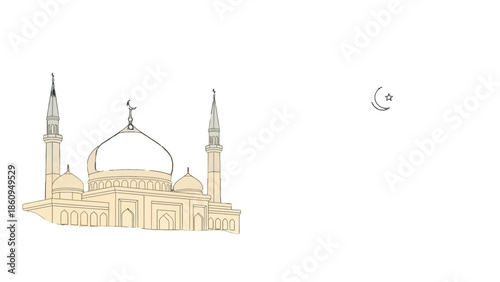 Elegant golden outline illustration of a traditional Islamic mosque with domes and minarets, isolated white background.
