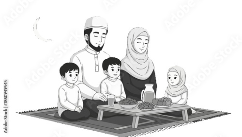 Happy Muslim family sharing a joyful Iftar meal together around a low table on a traditional rug, conveying love and togetherness.