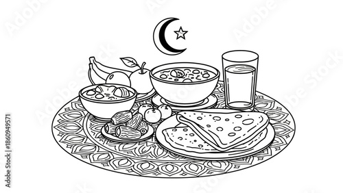 Delicious Iftar meal spread with dates, fruits, soup, and water on a traditional mat, celebrating the breaking of fast, isolated white background.