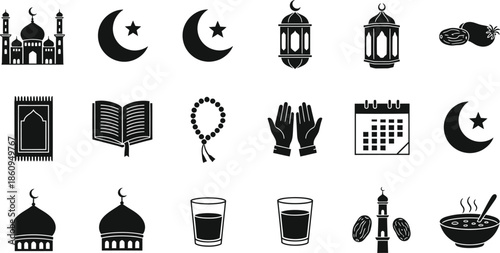 Ramadan Traditions and Islamic Lifestyle Icon Set - Black Solid Symbols for Fasting, Prayer, and Eid Celebration