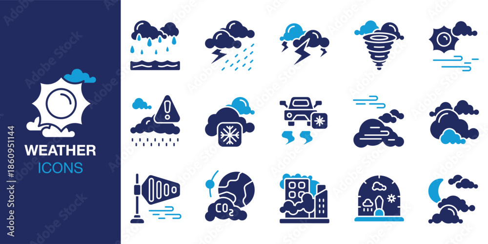 Naklejka premium Weather Icon set. Containing rain, storm, thunder, lightning, snow, snowy, wind and more. Solid vector icons collection. Vector illustration.