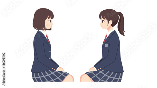 Two Japanese schoolgirls in navy uniforms sitting facing each other, engaged in a conversation, vector illustration isolated on white background.