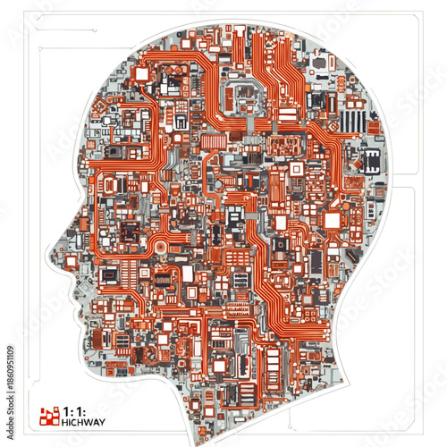 Abstract representation of a human head filled with intricate electronic circuitry and technological components.