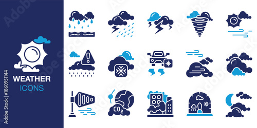 Weather Icon set. Containing rain, storm, thunder, lightning, snow, snowy, wind and more. Solid vector icons collection. Vector illustration.