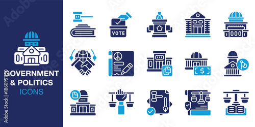 Goverment and Politics Icon set. Containing democracy, parliament, congress, senate, minister and more. Solid vector icons collection. Vector illustration.