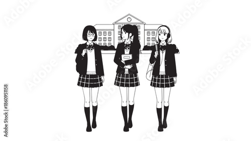 Three smiling high school girls in Japanese uniforms walking together in front of the school building, black and white anime style illustration.