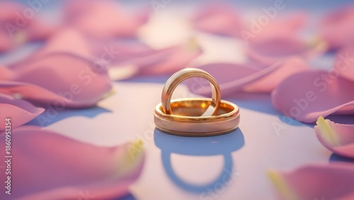 Valentine's day romance golden wedding rings amidst pink rose petals