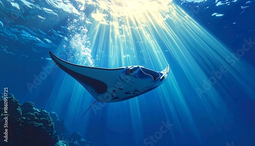 Whale shark gliding gracefully through sunlit ocean waters near coral reef