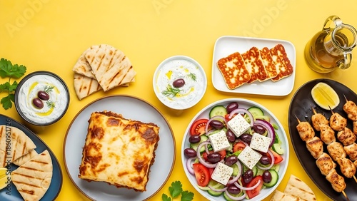 Greek food, Top view, yellow background 