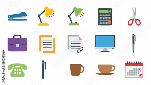 Office Supplies and Equipment - A Colorful Vector Illustration.