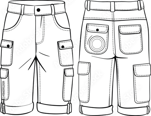Men cargo shorts technical flat vector illustration, front and back view, button waistband, multiple utility pockets, workwear fashion CAD drawing
