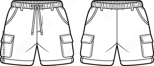 Men cargo shorts technical flat vector illustration, front and back view, elastic waistband, utility pockets, casual sportswear CAD drawing design