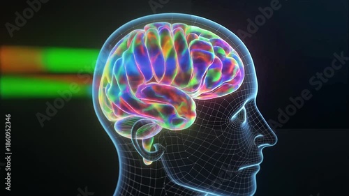 Brain Insights: A captivating image unveils a wireframe depiction of the human head, illuminating the vibrant, multicolored intricacies of the brain, symbolizing cognitive processes and thought.