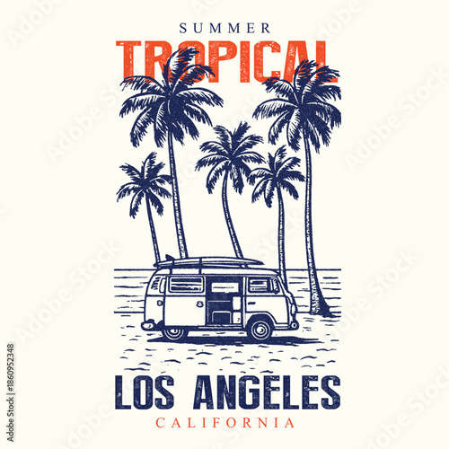 Los angeles california. Retro Beach Vibes T-Shirt Design with Tropical Elements for Print and Apparel. Summer Tropical paradise surfing club vector graphic t shirt design. summer graphics print artwor