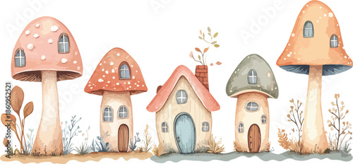 A decorative winter gingerbread house nestled in a forest with flowers and butterflies features snow on the roof and festive Christmas decorations on the door of this sweet holiday building