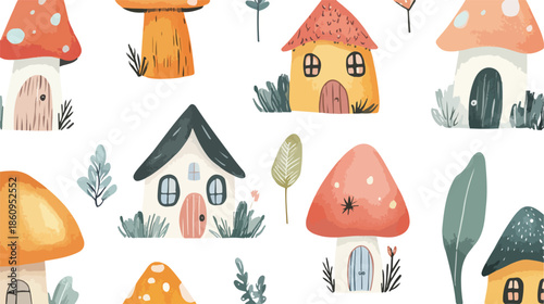 Autumn seamless pattern with cartoon vector houses and trees featuring Christmas winter celebration elements like gingerbread holiday gifts and festive decorations