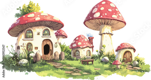 Red and white cartoon toadstool building with a blue roof settled in the green forest grass as a nature illustration