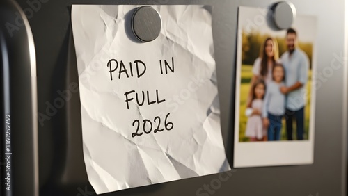 Paid in full 2026 handwritten note attached to refrigerator with magnet next to blurry family photo symbolizing financial freedom mortgage debt payoff achievement future goals and happy domestic life