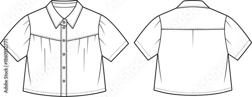 Short sleeve shirt cad drawing, front and back view, technical fashion flat vector illustration for apparel design production