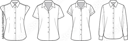 Women shirt styles technical flat vector illustration, sleeveless short sleeve long sleeve designs, button front blouses, fashion apparel CAD drawing
