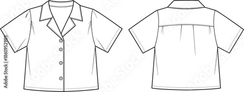 Women short sleeve blouse technical flat vector illustration, front and back view, button front, collar detail, apparel CAD drawing shirt