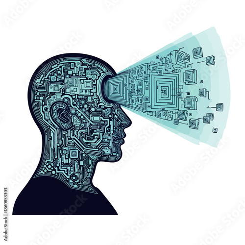 A conceptual digital artwork shows a human head with circuit patterns, emitting a beam of data, symbolizing artificial intelligence, virtual reality, and the future of technology.