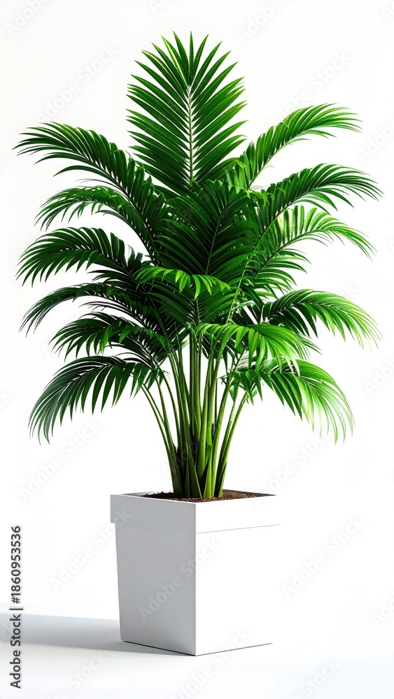 Obraz premium Lush green palm tree in a white, square planter