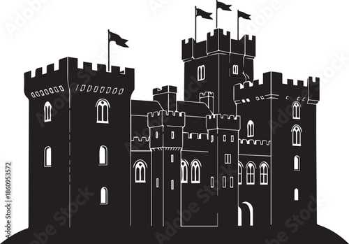 Silhouette of a grand medieval castle with flags flying high