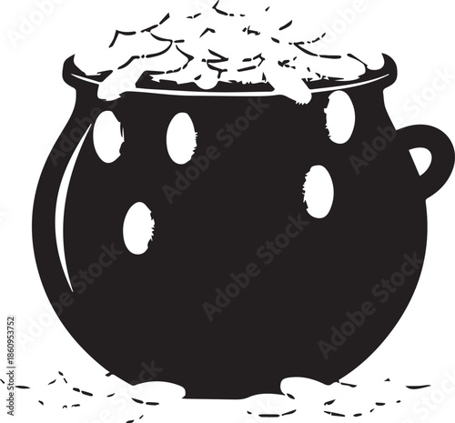 Black pot overflowing with gold coins and scattered on the ground